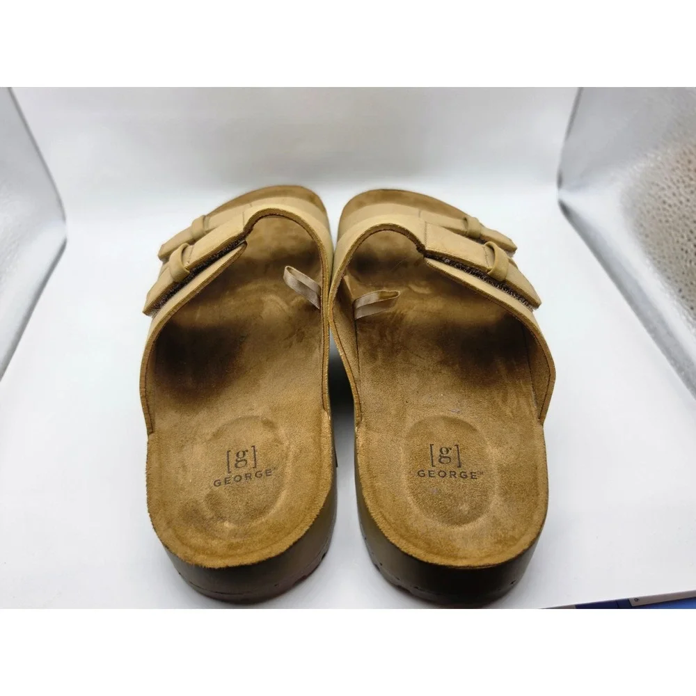 George Mens Two Strap Slide Sandals Tan Faux Suede Size 12 Adjustable 1734